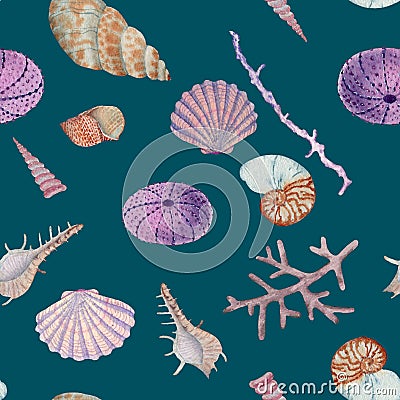 Hand drawn seamless pattern in watercolor sea world natural element. Corals shells on dark turquoise blue background. Stock Photo