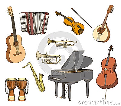 Hand drawn set of acoustic musical instruments. Vector Illustration