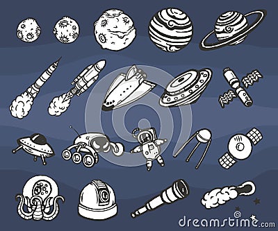 Hand drawn set of astronomy doodles. Vector Illustration
