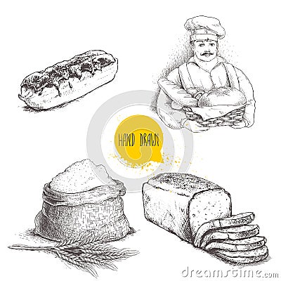 Hand drawn set bakery illustrations. Baker with fresh bread, sliced bread loaf, eclair and sack with flour with wheat bunch. Vector Illustration