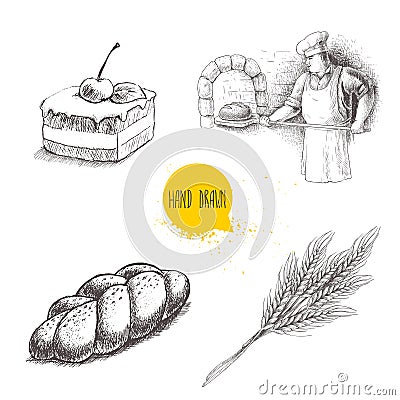 Hand drawn set bakery illustrations. Baker making fresh bread in stone oven, cream chocolate cake with cherry, fresh sesame bun an Vector Illustration