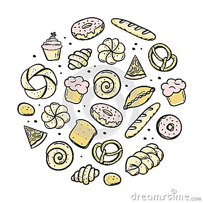 A hand-drawn set of bakery items elements bretzel croissant bread donut baguette Vector in the style of a doodle sketch. For cafe Vector Illustration