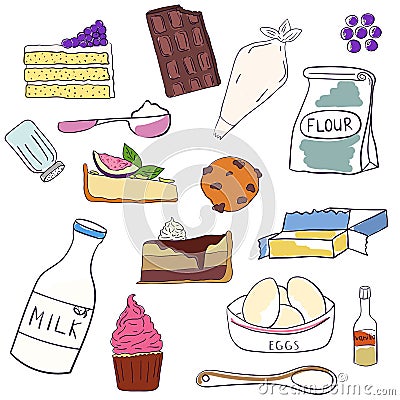 Hand drawn set of baking ingredients and desserts. Cake, chocolate and cookie. Vector illustration Cartoon Illustration