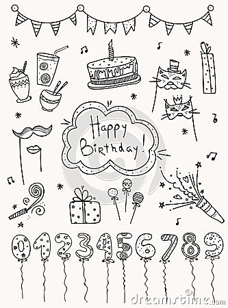 Hand drawn set Birthday elements. Cakes, balloons, festive attributes. Vector Illustration