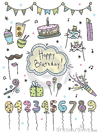 Hand drawn set Birthday elements. Cakes, balloons, festive attributes. Scrapbook design Vector Illustration