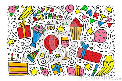 Hand-drawn set of Birthday ink doodles. Happy Birthday greeting card. Whitel background Vector Illustration