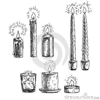 Hand drawn set of candles. Vector Illustration