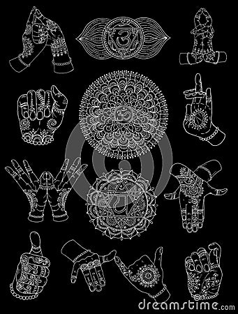 Hand drawn set with chakras and mudras on black Vector Illustration