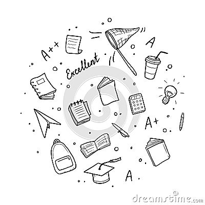 Hand drawn set of college, school study elements. Doodle style. Vector Illustration