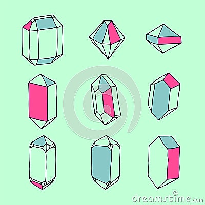 Hand-drawn set of crystals and geometric stones Vector Illustration