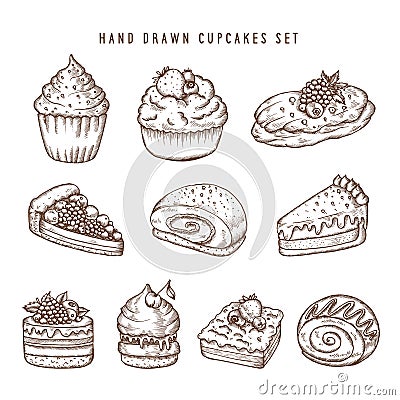 Hand drawn set of cupcakes and bakery products. Retro vector vintage illustration. Vector Illustration