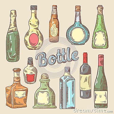 Hand Drawn Set of Different Bottles for Drinks Vector Illustration
