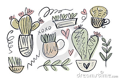 Cute cozy home theme cacti collection. Vector illustrations Cartoon Illustration