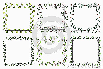 Hand drawn set of different floral vector wreath with green leaves, herbs forest, cute square rustic frame. Stock Photo