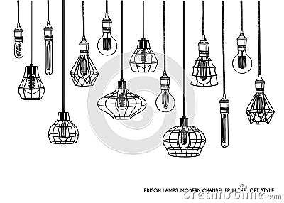 Hand drawn set of different geometric loft lamps and iron lampshade Vector Illustration