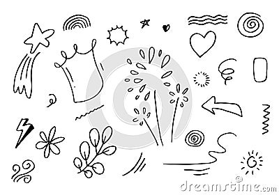hand drawn set element,black on white background.arrow,leaves,speech bubble,heart,light,king,emphasis,swirl,for concept design Vector Illustration