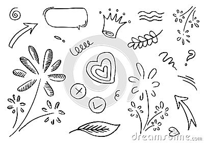 hand drawn set element,black on white background.arrow,leaves,speech bubble,heart,light,king,emphasis,swirl,for concept design Vector Illustration