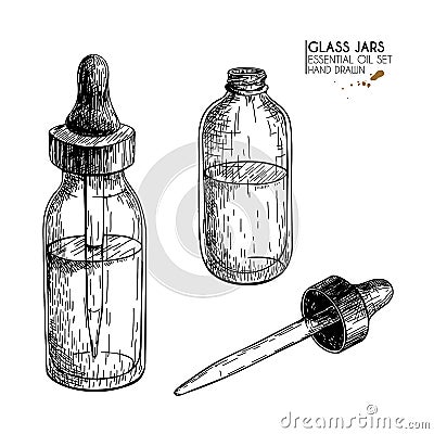 Hand drawn set of essential oils. Vector vintage mock up. Medicinal essence in glass dropper bottle. Engraved art. Good Vector Illustration