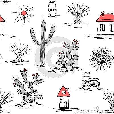 Hand drawn set with green cactus and mexican houses. Saguaro, blue agave, sun, houses, and jars. Latin American Vector Illustration