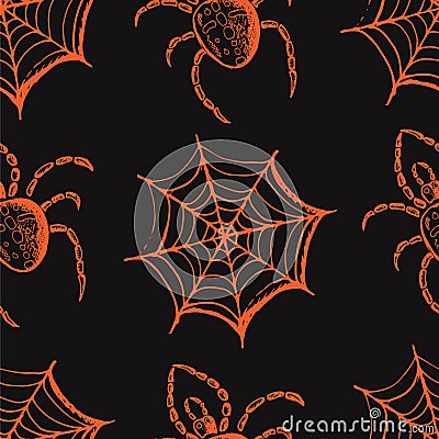 Hand drawn set of halloween attributes, orange webs and spiders on a gray background Vector Illustration