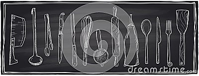 Hand drawn set of kitchen utensils on a chalkboard. Vector Illustration