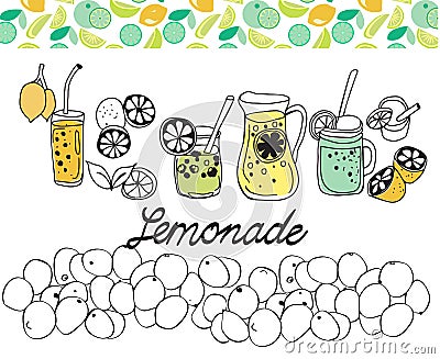 Hand drawn set of lemonade on white background. Vector Illustration