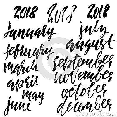 Hand drawn set of months. Modern dry brush lettering. Names of the months. Vector illustration. Handwritten grunge inscription. Cartoon Illustration