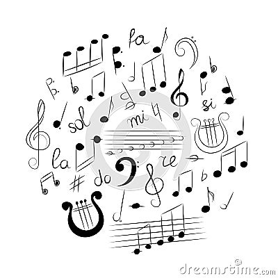 Hand Drawn Set of Music Symbols. Doodle Treble Clef, Bass Clef, Notes and Lyre Arranged in a Cirlce. Vector Illustration. Vector Illustration