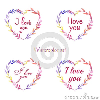 Hand drawn set with phras I love you. Vector Illustration