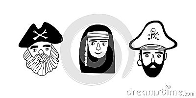 Hand drawn set of pirate faces. Black and white icons set. Vector Illustration