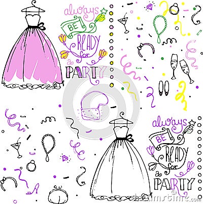 hand drawn doodle set of girl`s accessories, modern princess icons Vector Illustration