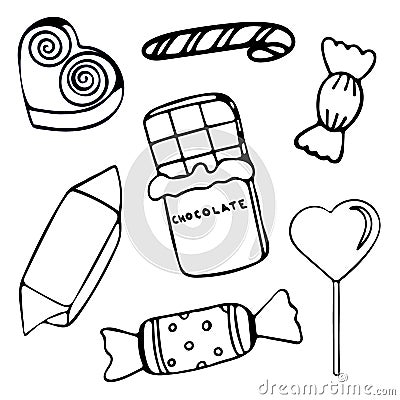 Hand-drawn Set of Sweets. Black and White Candy Collection Stock Photo