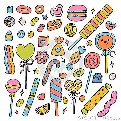 Hand drawn set of sweets and candies. Desserts, chocolate, macaroons, marshmallow. Doodle style. Sweet food Vector Illustration