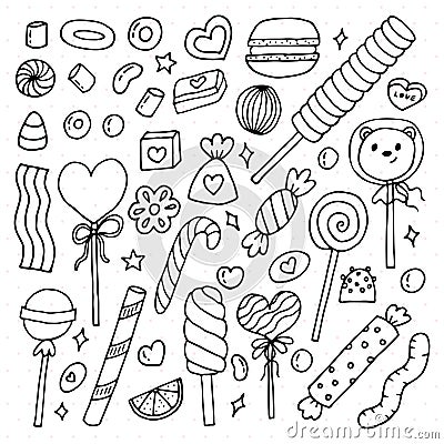 Hand drawn set of sweets and candies. Desserts, chocolate, macaroons, marshmallow. Doodle style. Sweet food Vector Illustration