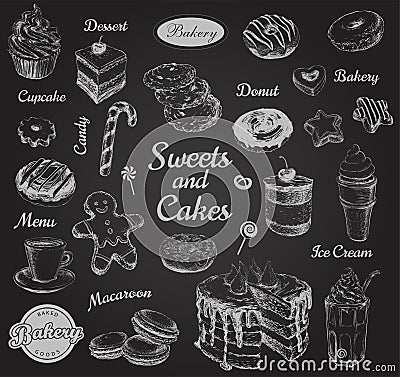 Hand Drawn Set Sweets Dessert Coffee Vector illustration Vector Illustration