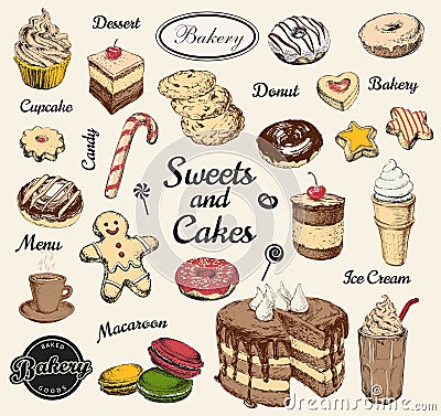 Hand Drawn Set Sweets Dessert Coffee Vector illustration Vector Illustration