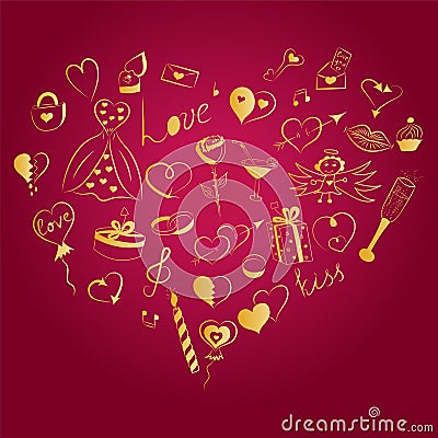 Hand Drawn Set of Valentine`s Day Symbols. Children`s Funny Doodle Drawings of Golden Hearts, Gifts, Rings, Balloons Vector Illustration