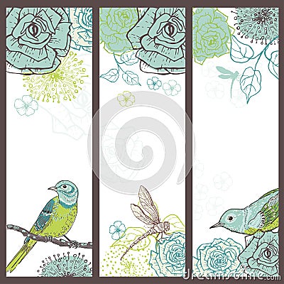 Hand drawn set of vintage floral cards with birds Vector Illustration