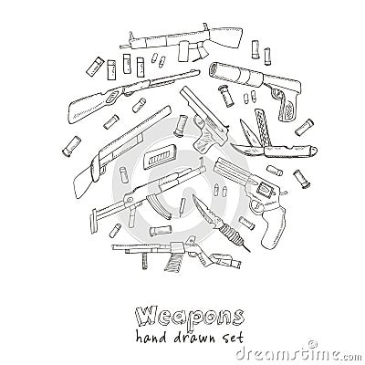Hand drawn set of Weapons. Vector Illustration