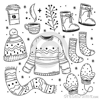 Hand drawn set of winter cloth doodle coloring Vector Illustration