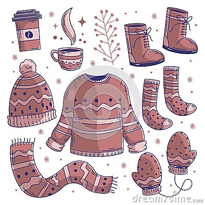 Hand drawn set of winter cloth doodle fullcolor Vector Illustration