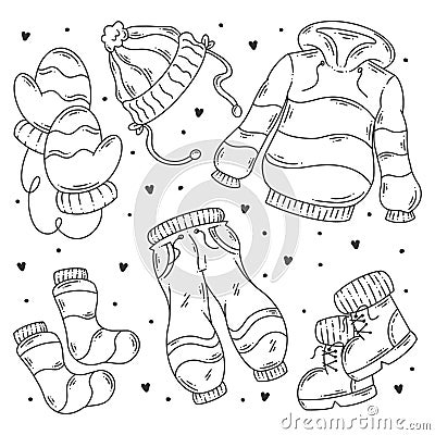 Hand drawn set of winter cloth and essentials doodle coloring Vector Illustration