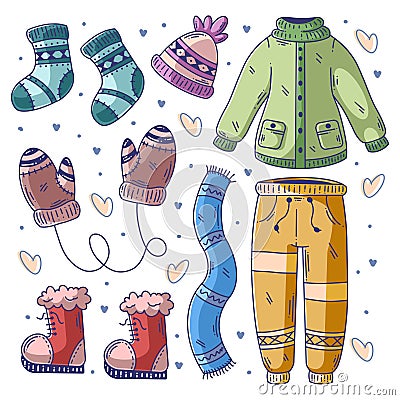 Hand drawn set of winter essentials doodle fullcolor Vector Illustration