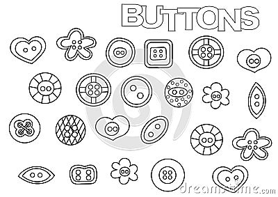 Hand drawn sewing buttons set. Coloring book page template. Vector Illustration