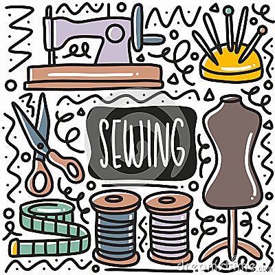hand drawn sewing equipment doodle set Vector Illustration