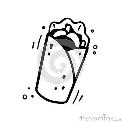 Hand drawn shawarma. Sketch of burrito twister. Fast food illustration in doodle style. Vector Illustration