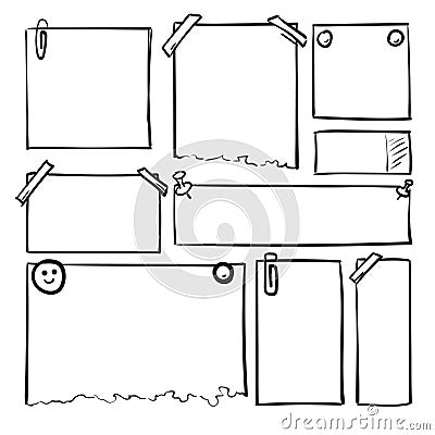 Hand drawn sheets of paper. Cartoon vector square and round borders. Pencil effect shapes . Vector Illustration