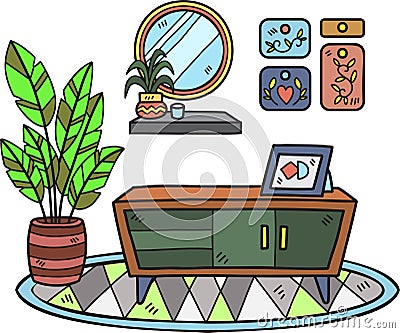 Hand Drawn shelf with plants on carpet interior room illustration Vector Illustration