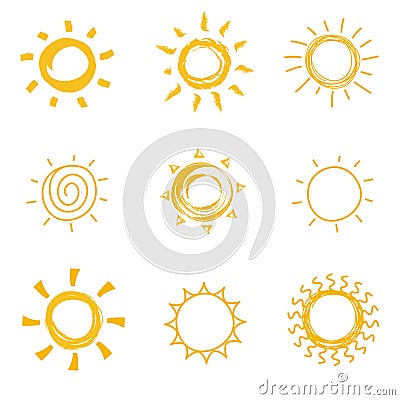 Hand drawn shining sun collection. Summer heat vector doodle sun symbols Vector Illustration