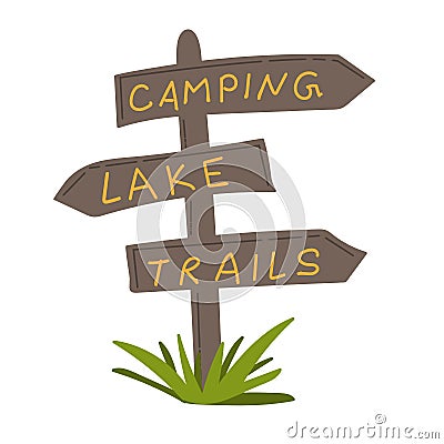 Hand drawn signpost sign. Various travel signs - camping, lake and trails. Vector illustration Vector Illustration